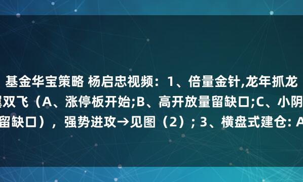 基金华宝策略 杨启忠视频:1、倍量金针,龙年抓龙头→见图(1);2、比翼双飞(A、涨停板开始;B、高开放量留缺口;C、小阴小阳留缺口),强势进攻→见图(2); 3、横盘式建仓: A、长达3个月以上的横盘区间;...